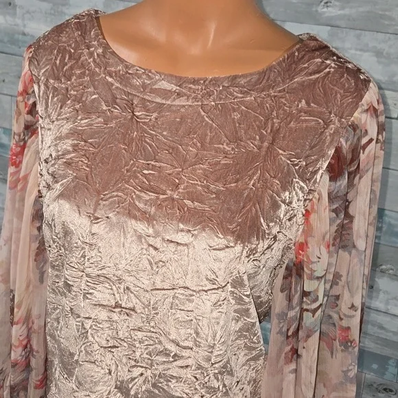 Meadow Rue Velvet Floral Blouse in Brown and Cream Sheer Floral Sleeve X-Small - Picture 2 of 6